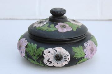 catalog photo of vintage Tiffin poppy black satin glass jar, rare lavender hand painted poppies, art deco covered bowl