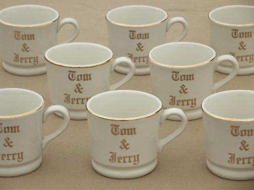 photo of vintage Tom & Jerry eggnog cups, old Hall pottery mugs lettered in gold #1