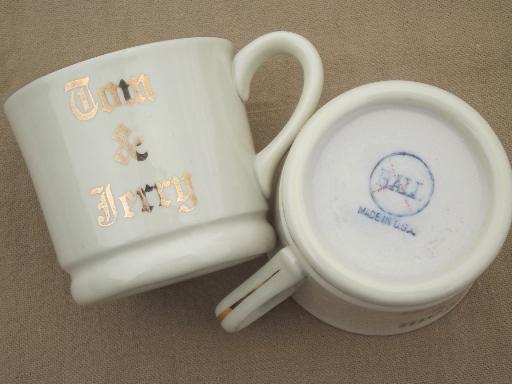 photo of vintage Tom & Jerry eggnog cups, old Hall pottery mugs lettered in gold #5