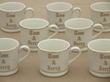 catalog photo of vintage Tom & Jerry eggnog cups, old Hall pottery mugs lettered in gold