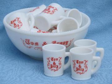 catalog photo of vintage Tom and Jerry Christmas eggnog punch set, milk glass bowl and cups