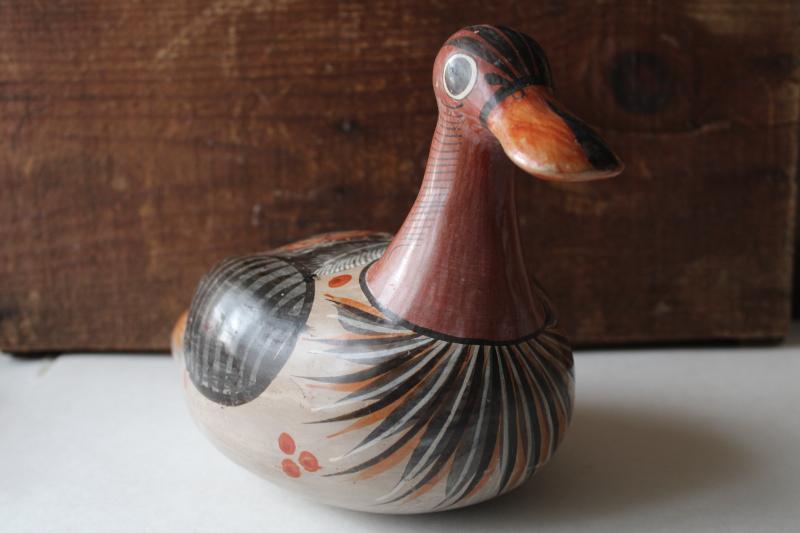photo of vintage Tonala Mexican pottery, duck decoy life size bird, hand painted burnished clay #5