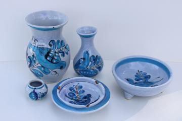 catalog photo of vintage Tonala Mexican pottery lot, hand painted blue butterflies & birds