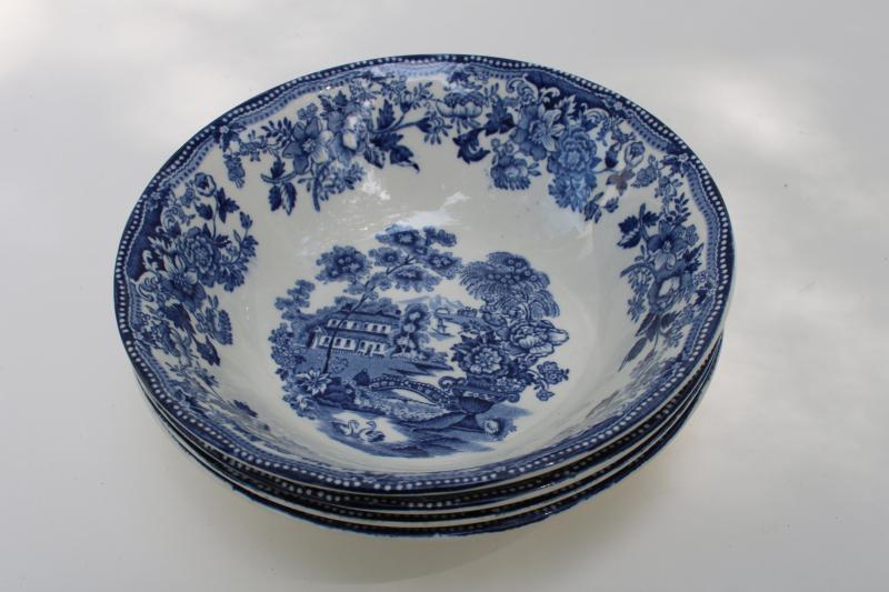 photo of vintage Tonquin blue transferware china cereal bowls Alfred Meakin English scenery #5