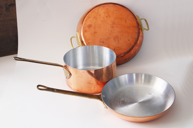 photo of vintage Tornus & Centuria Baumlin French copper pans, saute pan, saucepan, gratin w/ brass handles  #1