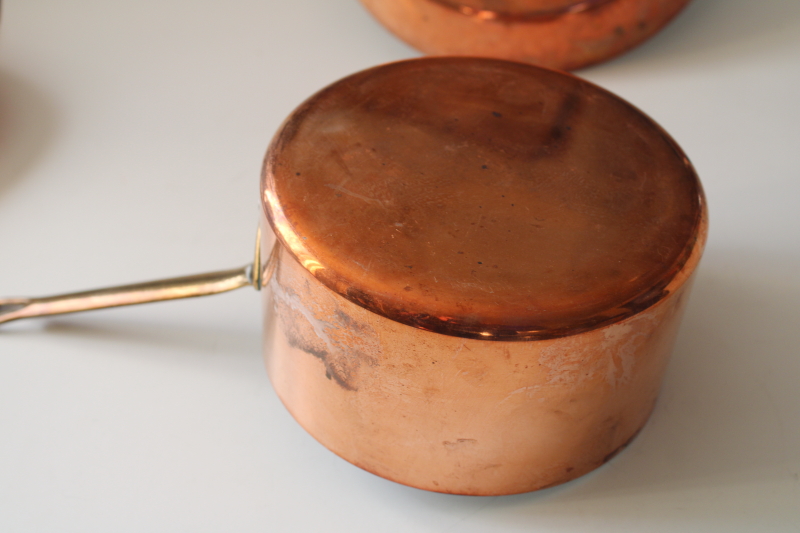 photo of vintage Tornus & Centuria Baumlin French copper pans, saute pan, saucepan, gratin w/ brass handles #4