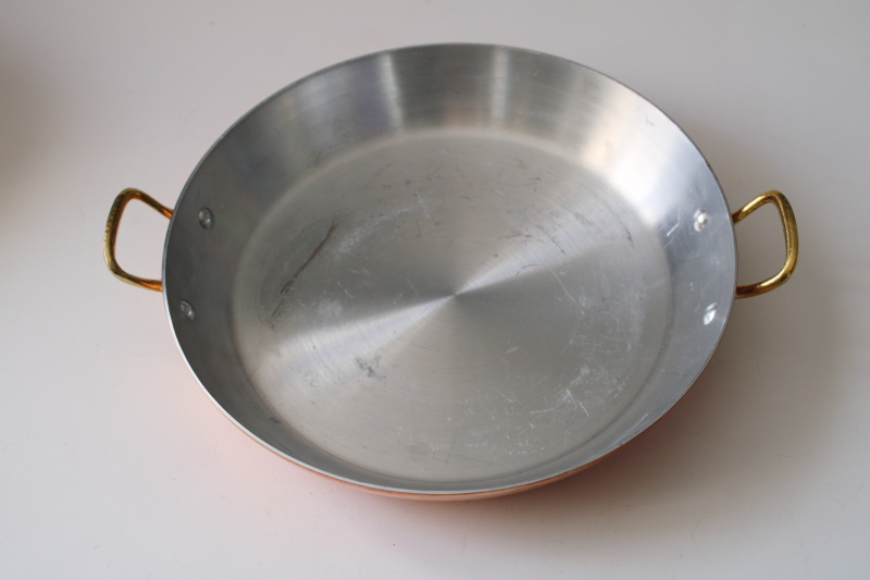 photo of vintage Tornus & Centuria Baumlin French copper pans, saute pan, saucepan, gratin w/ brass handles #5