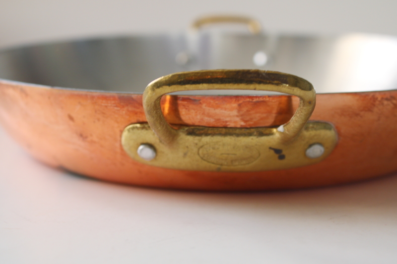 photo of vintage Tornus & Centuria Baumlin French copper pans, saute pan, saucepan, gratin w/ brass handles #7
