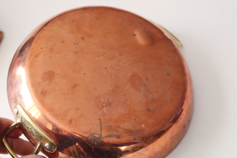 photo of vintage Tornus & Centuria Baumlin French copper pans, saute pan, saucepan, gratin w/ brass handles #10