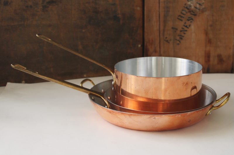 photo of vintage Tornus & Centuria Baumlin French copper pans, saute pan, saucepan, gratin w/ brass handles #11