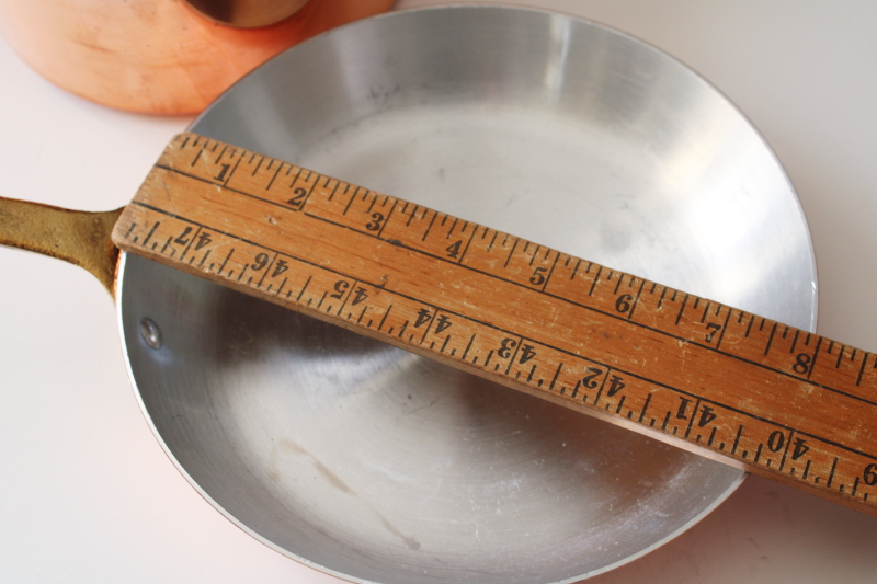photo of vintage Tornus & Centuria Baumlin French copper pans, saute pan, saucepan, gratin w/ brass handles #14