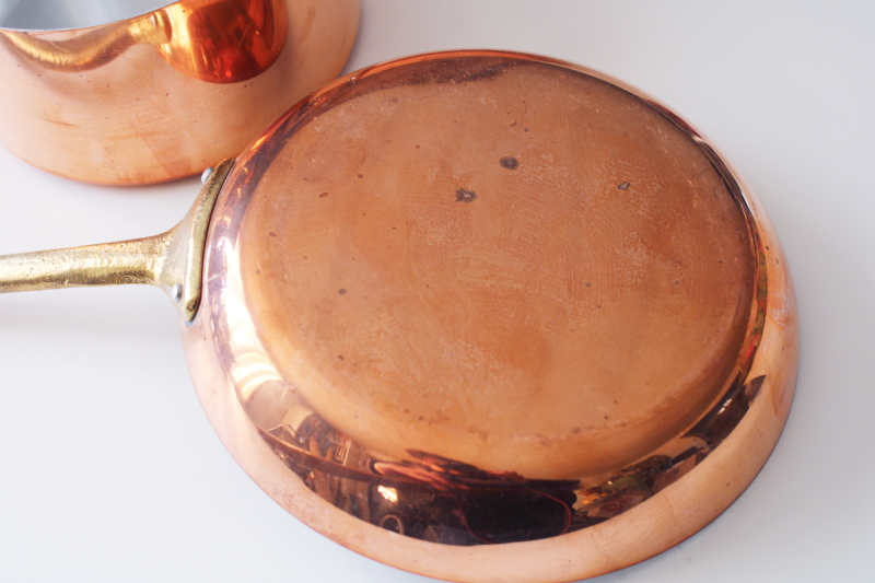 photo of vintage Tornus & Centuria Baumlin French copper pans, saute pan, saucepan, gratin w/ brass handles #16