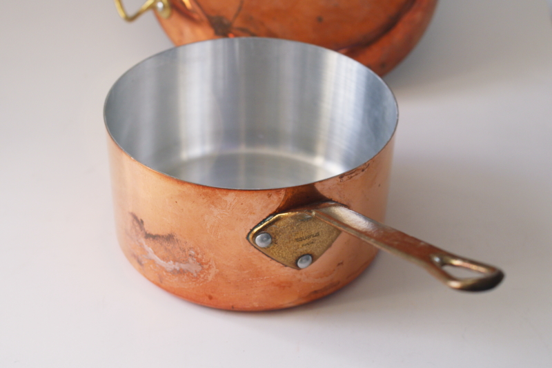 photo of vintage Tornus & Centuria Baumlin French copper pans, saute pan, saucepan, gratin w/ brass handles #17
