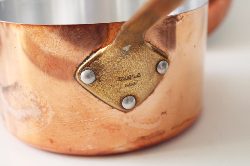 photo of vintage Tornus & Centuria Baumlin French copper pans, saute pan, saucepan, gratin w/ brass handles #18