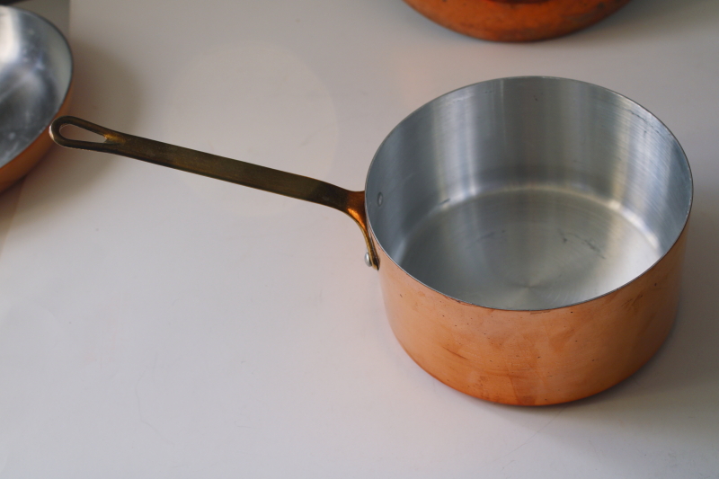 photo of vintage Tornus & Centuria Baumlin French copper pans, saute pan, saucepan, gratin w/ brass handles #19