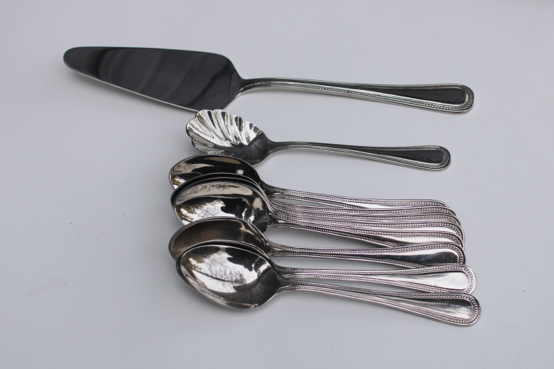 photo of vintage Towle beaded edge stainless flatware, antique pattern teaspoons & cake server #6