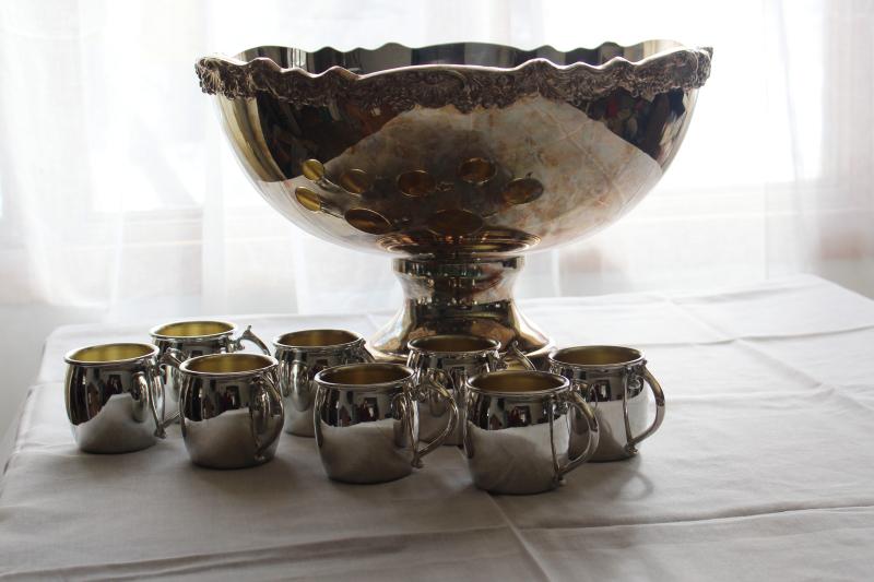 photo of vintage Towle silver plate punch bowl & cups set, huge bowl & tiny mugs #1