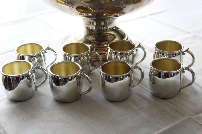 photo of vintage Towle silver plate punch bowl & cups set, huge bowl & tiny mugs #5