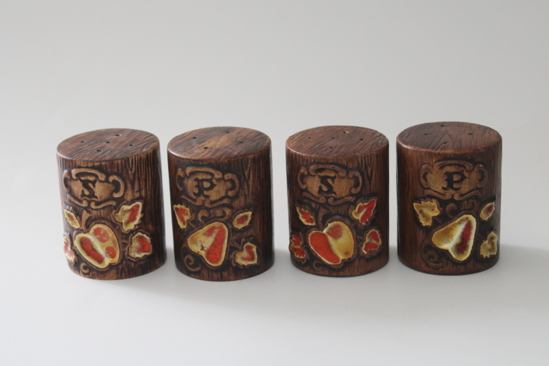 photo of vintage Treasure Craft Hawaii S&P shakers, retro brown wood grain ceramic salt and pepper #1