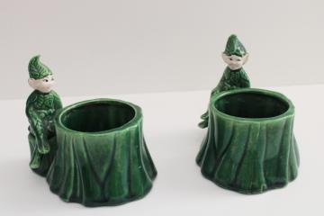 catalog photo of vintage Treasure Craft ceramic planters, tree stumps w/ forest or garden pixies