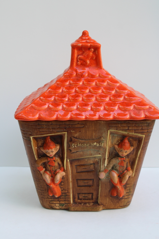 photo of vintage Treasure Craft pixies schoolhouse cookie jar, orange pixie children brown haunted house #1