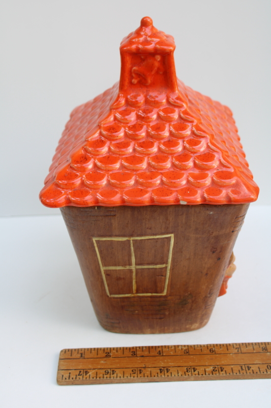 photo of vintage Treasure Craft pixies schoolhouse cookie jar, orange pixie children brown haunted house  #4