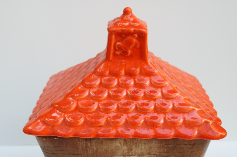 photo of vintage Treasure Craft pixies schoolhouse cookie jar, orange pixie children brown haunted house  #5