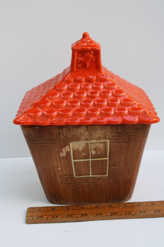 photo of vintage Treasure Craft pixies schoolhouse cookie jar, orange pixie children brown haunted house  #6