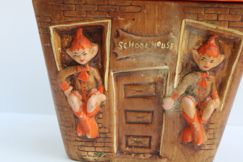 photo of vintage Treasure Craft pixies schoolhouse cookie jar, orange pixie children brown haunted house  #7