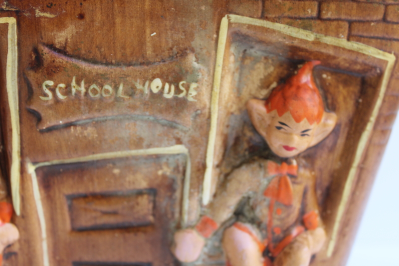 photo of vintage Treasure Craft pixies schoolhouse cookie jar, orange pixie children brown haunted house  #8