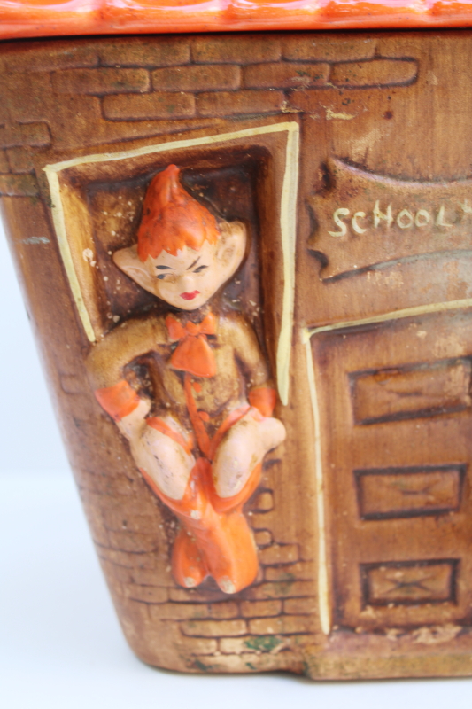photo of vintage Treasure Craft pixies schoolhouse cookie jar, orange pixie children brown haunted house  #9