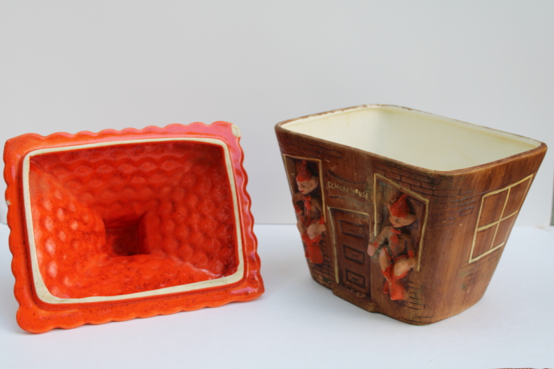 photo of vintage Treasure Craft pixies schoolhouse cookie jar, orange pixie children brown haunted house  #12