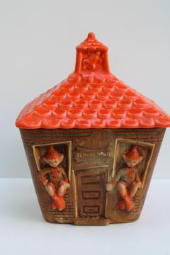vintage Treasure Craft pixies schoolhouse cookie jar, orange pixie children brown haunted house 