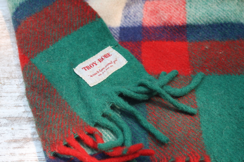 photo of vintage Troy label pure wool blanket, warm thick green red plaid fringed throw #2