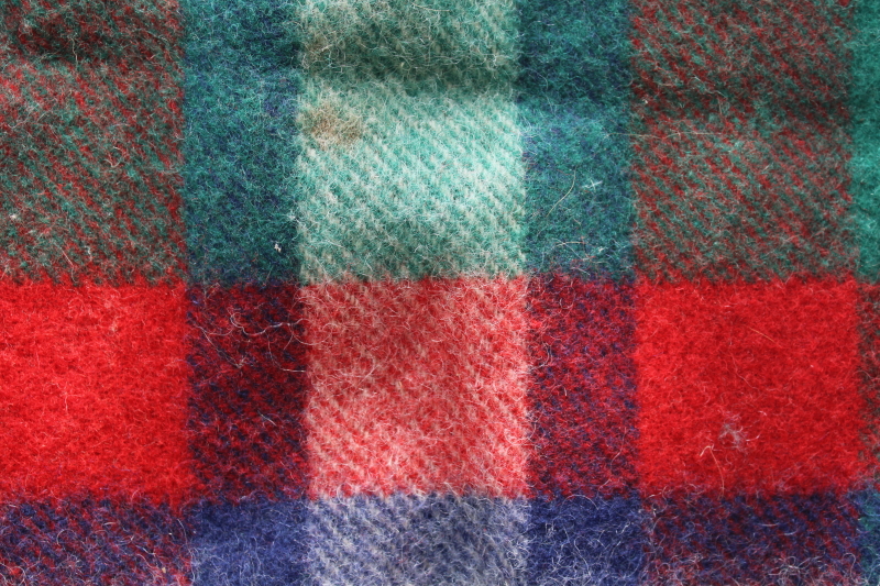 photo of vintage Troy label pure wool blanket, warm thick green red plaid fringed throw #5