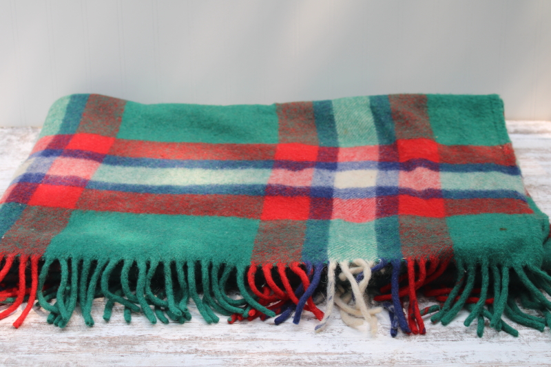 photo of vintage Troy label pure wool blanket, warm thick green red plaid fringed throw #6