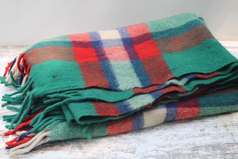 photo of vintage Troy label pure wool blanket, warm thick green red plaid fringed throw #7