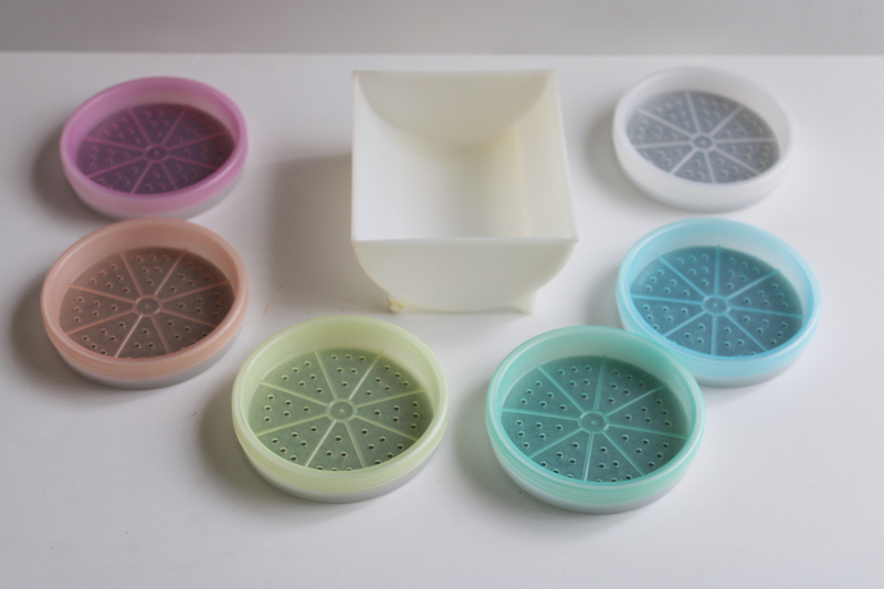 photo of vintage Tupperware wagon wheel coasters set in caddy, rainbow pastel colors  #2