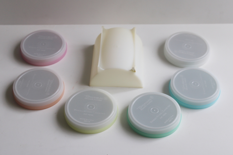 photo of vintage Tupperware wagon wheel coasters set in caddy, rainbow pastel colors  #3