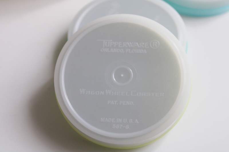 photo of vintage Tupperware wagon wheel coasters set in caddy, rainbow pastel colors  #5