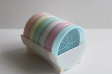 vintage Tupperware wagon wheel coasters set in caddy, rainbow pastel colors 