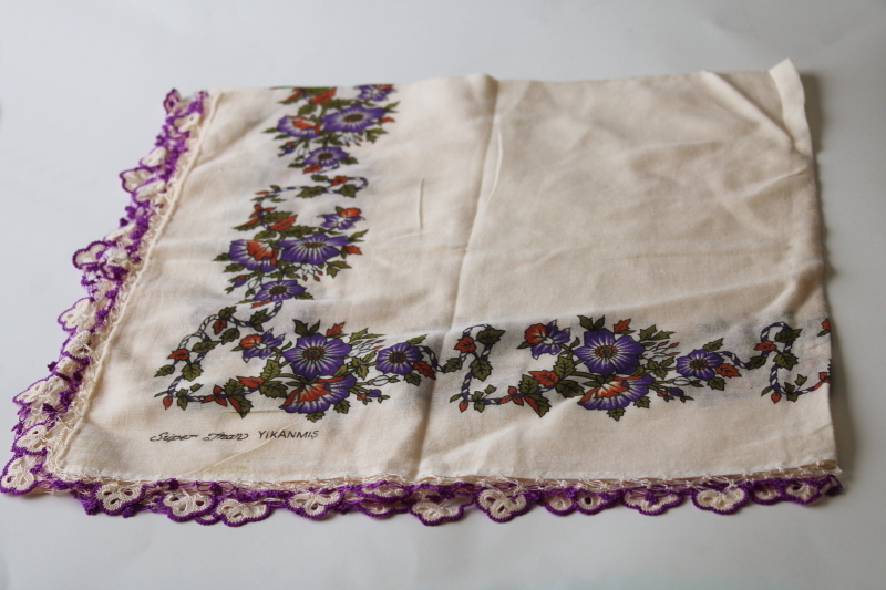 photo of vintage Turkish head scarf shawl w/ handmade crochet lace edging, boho floral in purple! #1