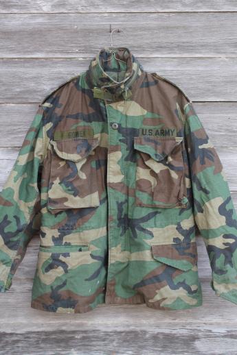 photo of vintage US Army camouflage cotton jacket, unisex camo field coat w/ zip in hood collar #1