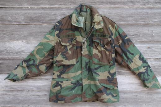 photo of vintage US Army camouflage cotton jacket, unisex camo field coat w/ zip in hood collar #2