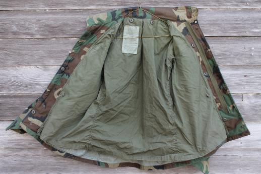 photo of vintage US Army camouflage cotton jacket, unisex camo field coat w/ zip in hood collar #3