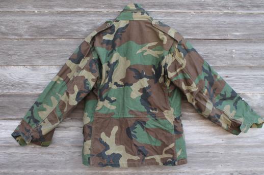 photo of vintage US Army camouflage cotton jacket, unisex camo field coat w/ zip in hood collar #4