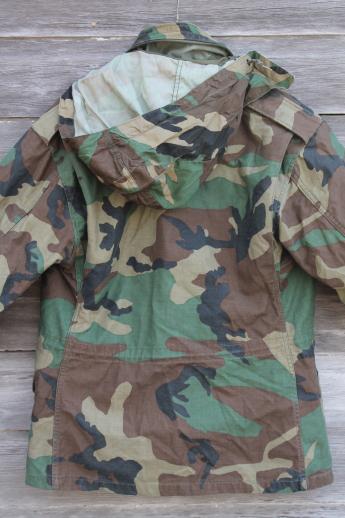 photo of vintage US Army camouflage cotton jacket, unisex camo field coat w/ zip in hood collar #5