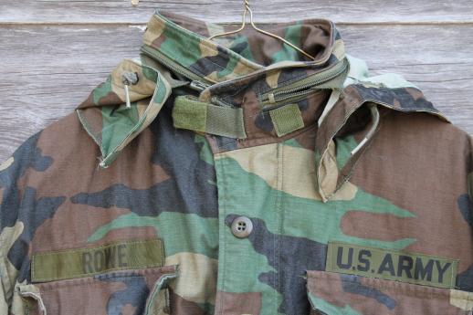 photo of vintage US Army camouflage cotton jacket, unisex camo field coat w/ zip in hood collar #6