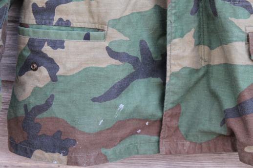 photo of vintage US Army camouflage cotton jacket, unisex camo field coat w/ zip in hood collar #7