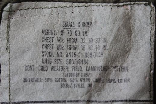photo of vintage US Army camouflage cotton jacket, unisex camo field coat w/ zip in hood collar #8